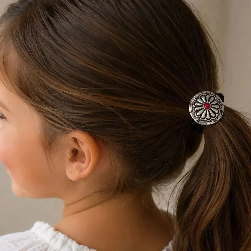 Kids Concho Hair Tie – Small Western Medallion with Red Accent Stone